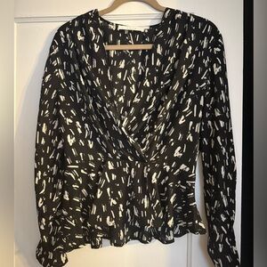 Astr Black and White Wrap Ruffled Blouse